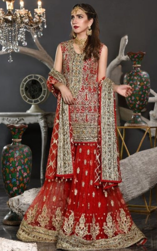 Pakistani Formal Dress of Deep Red Colour