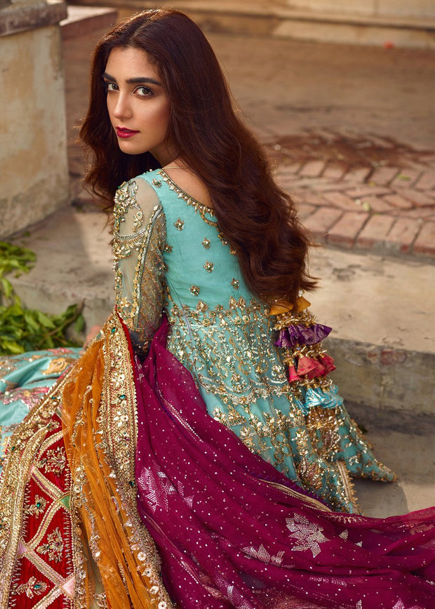 Latest Pakistani bridal outfit 2020 online in turquoise blue color # B3464