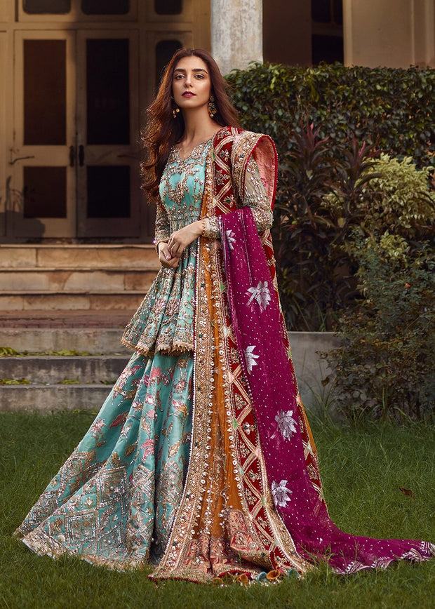 Latest Pakistani bridal outfit 2020 online in turquoise blue color 