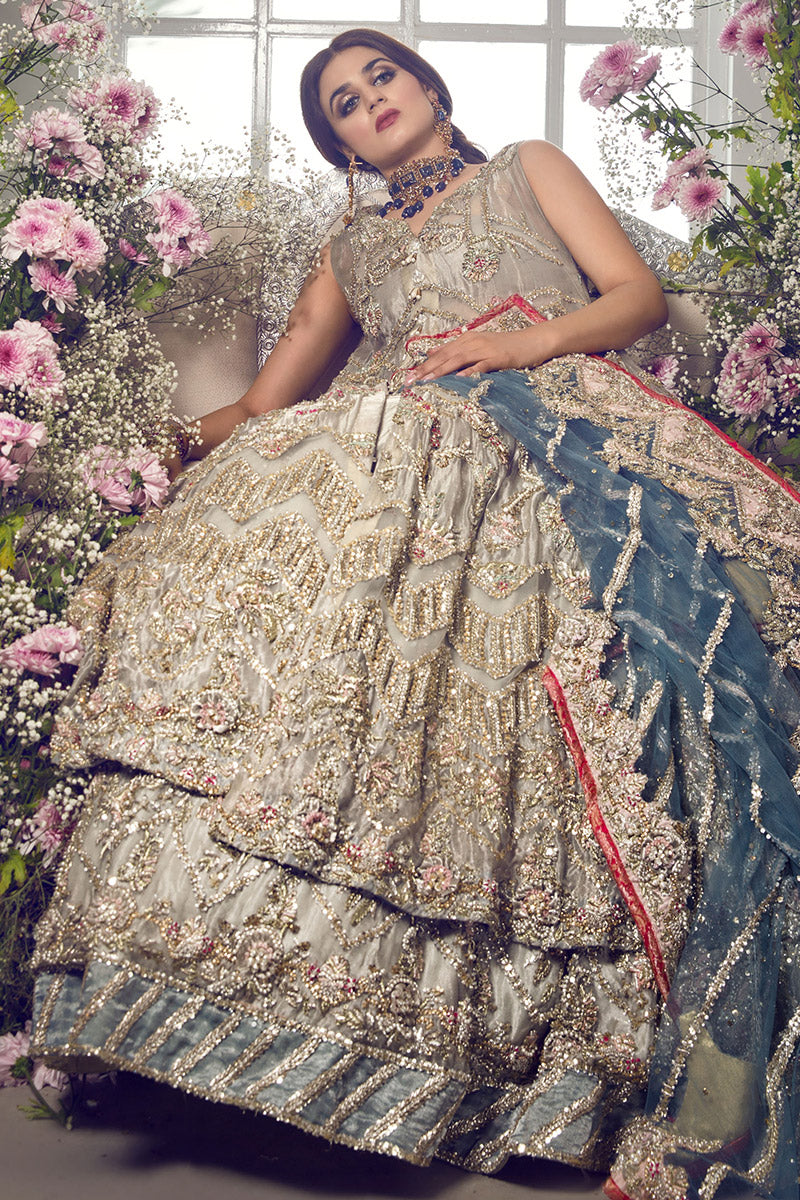 Latest beautiful Pakistani bridal outfit online in ice blue color # B3462