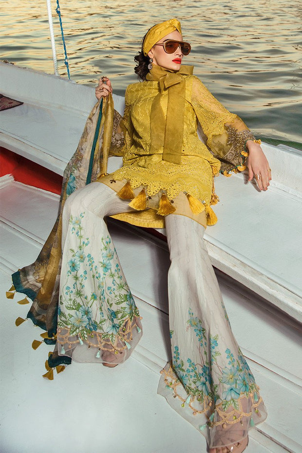 Latest Pakistani embroidered eid dress in mustard and white color