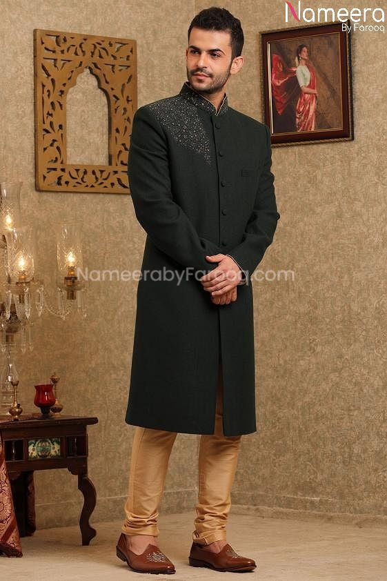 Pakistani Wedding Sherwani Black for Groom 2021 Front Look