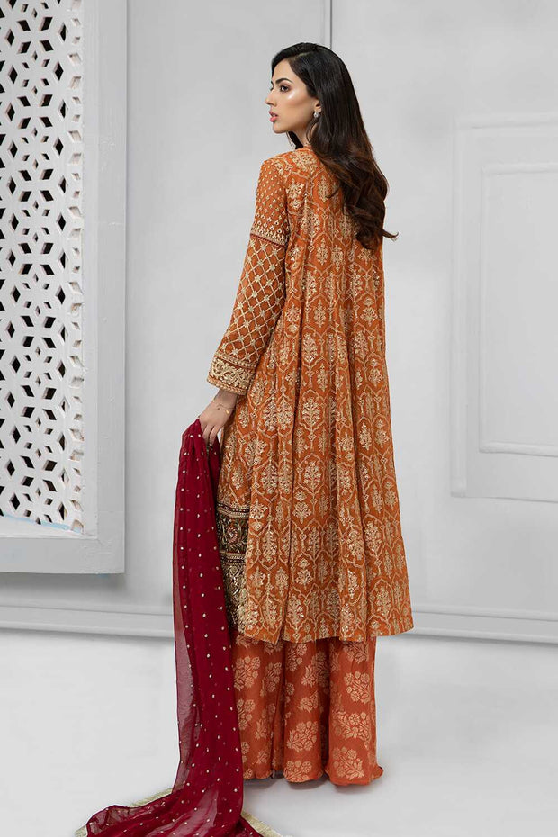 Latest Pakistani fancy outfit for party in shining rust color # P2233