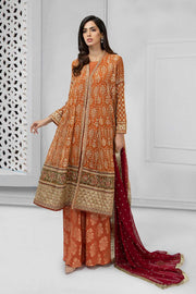 Latest Pakistani fancy outfit for party in shining rust color 