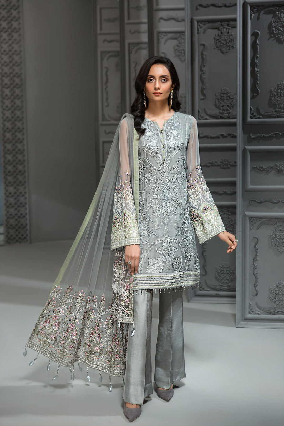 Pakistani Chiffon Party Wear in Grey Color