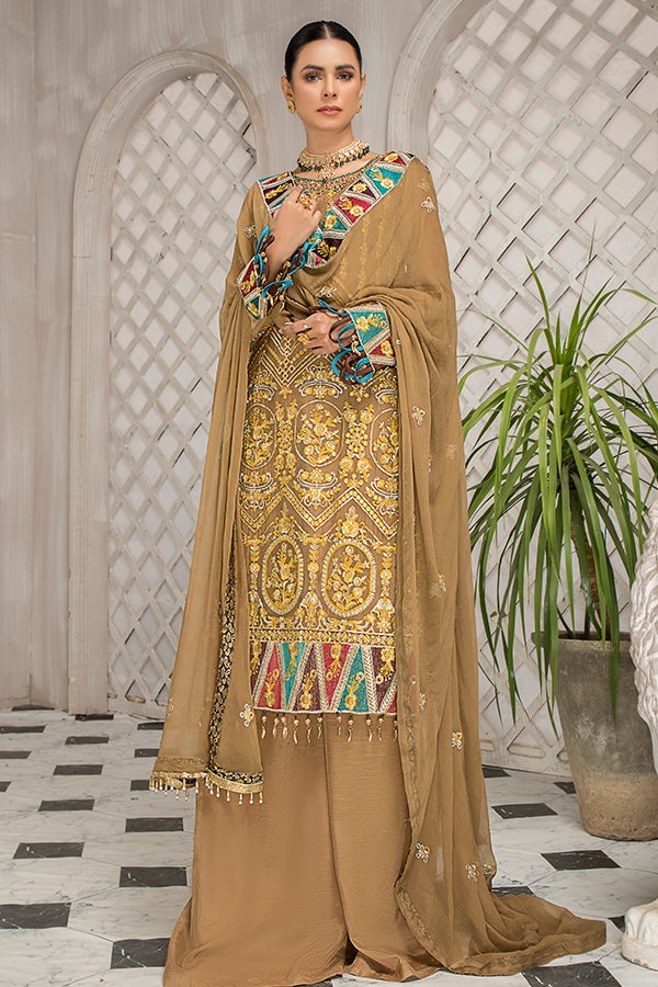 Party Wear Kameez Salwar Kameez in Beige Shade