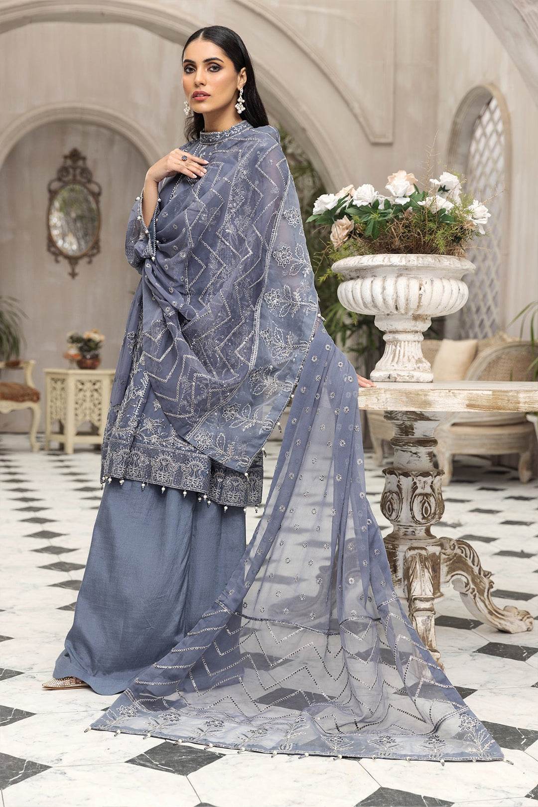 Party Wear Lehenga Choli in Grey Blue Shade Online