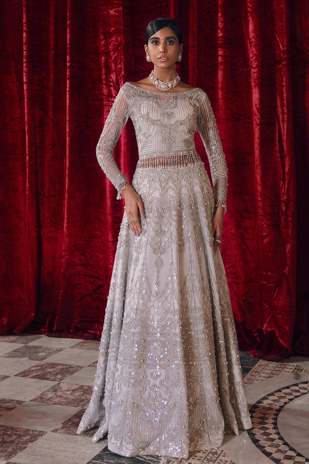 Party Wear Lehenga for Girls in Silver Color Online 2021 Nameera by Farooq Party Wear Lehenga for Girls in Silver Color Online 2021 Nameera by Farooq