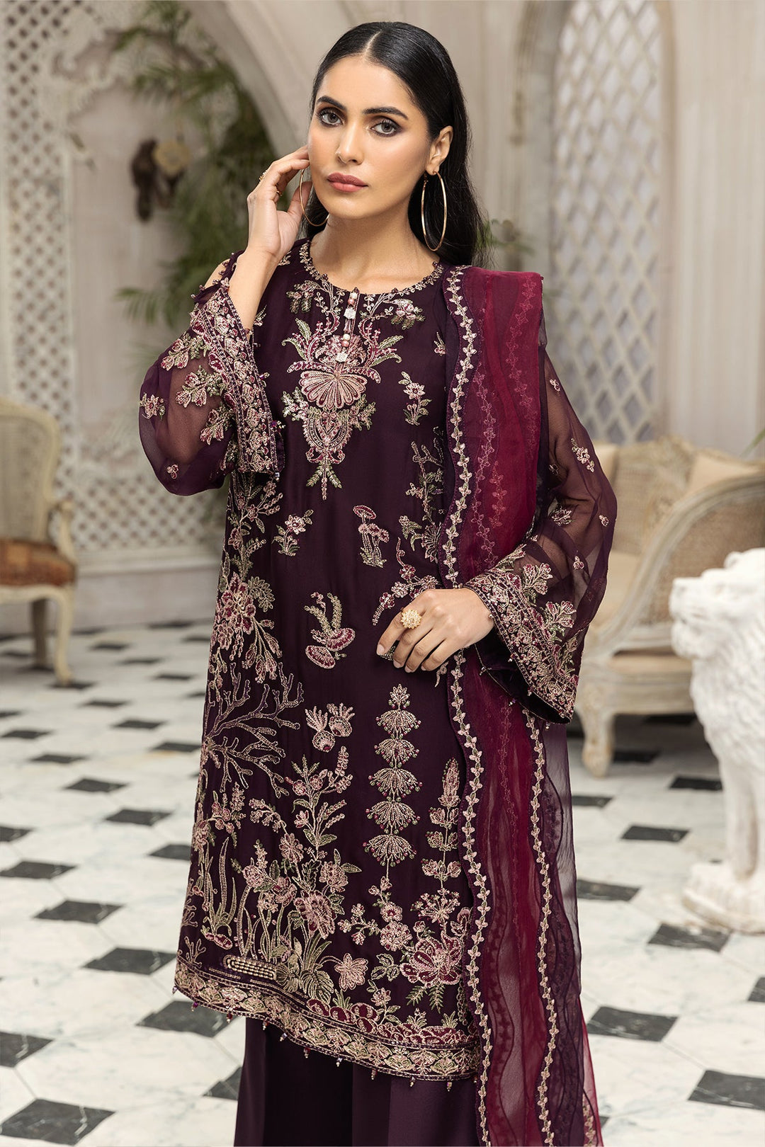 Party Wear Pakistani Chiffon Dress in Plum Shade 2022