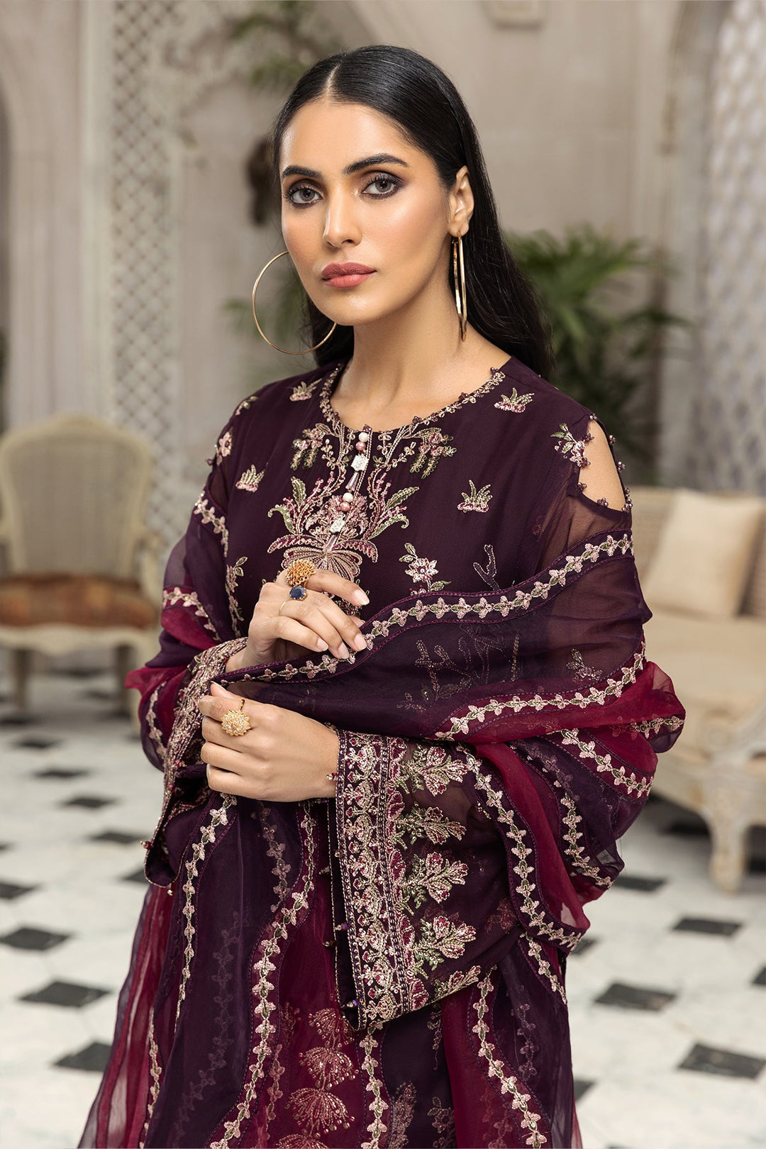 Party Wear Pakistani Chiffon Dress in Plum Shade Latest