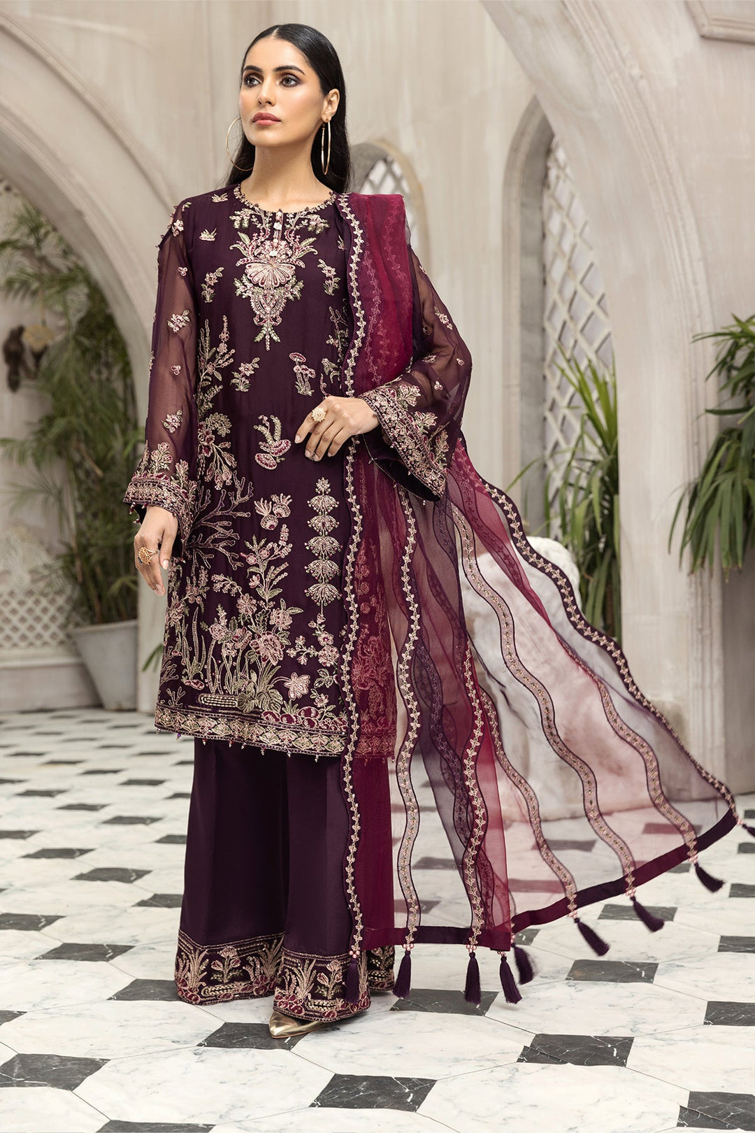 Party Wear Pakistani Chiffon Dress in Plum Shade Online