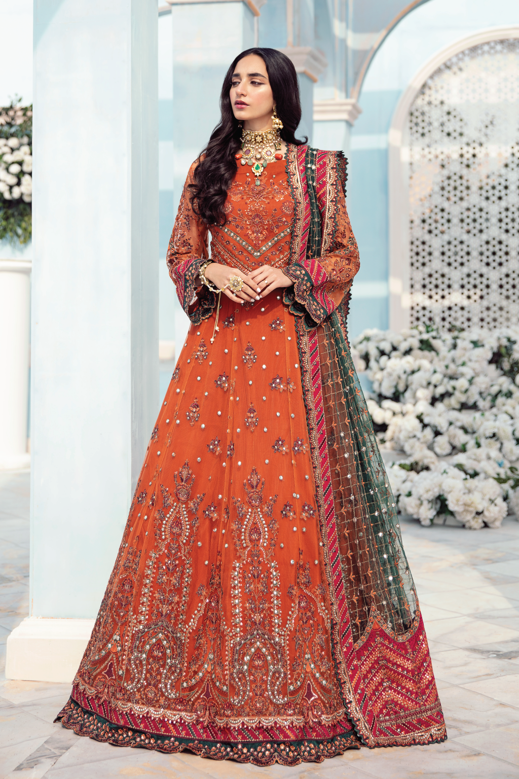 Party Wear Pakistani Long Dress in Rust Shade