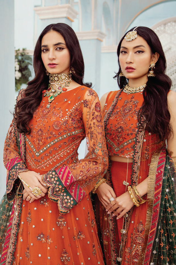 Party Wear Pakistani Long Dress in Rust Shade Online 2022 Nameera by Farooq
