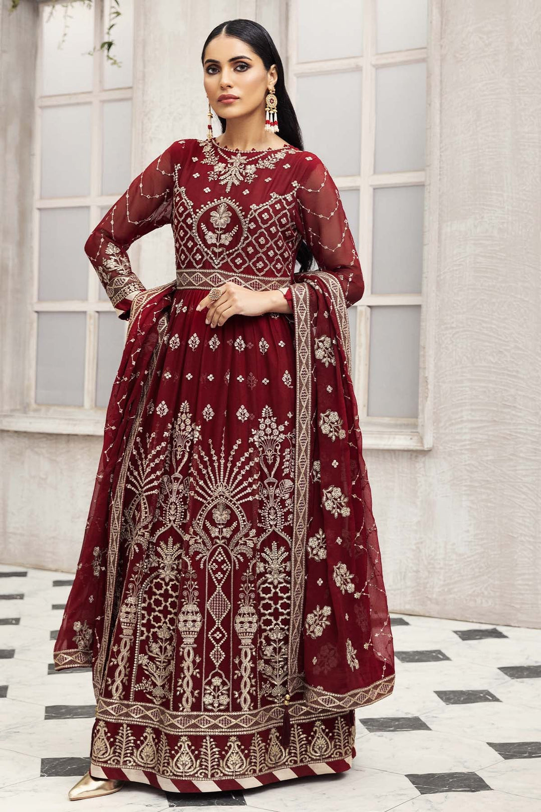 Party Wear Pakistani Maxi Dress in Maroon Shade 2022