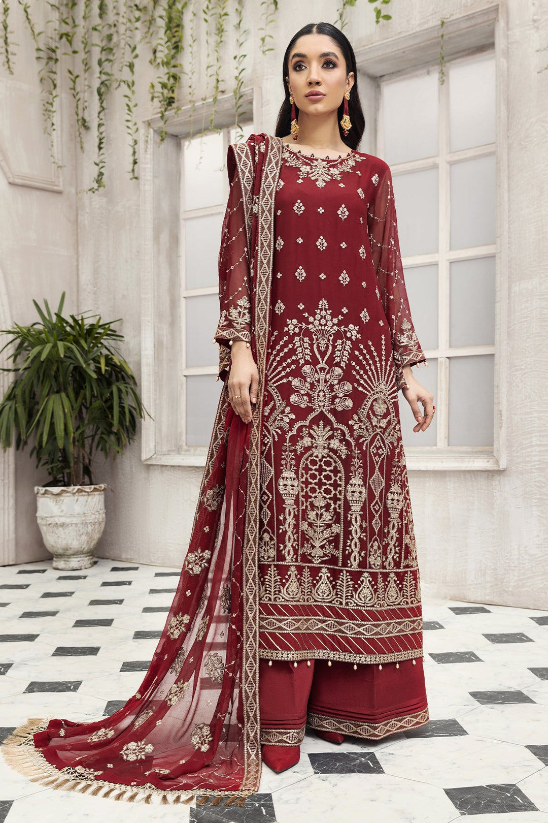 Party Wear Pakistani Maxi Dress in Maroon Shade Designer