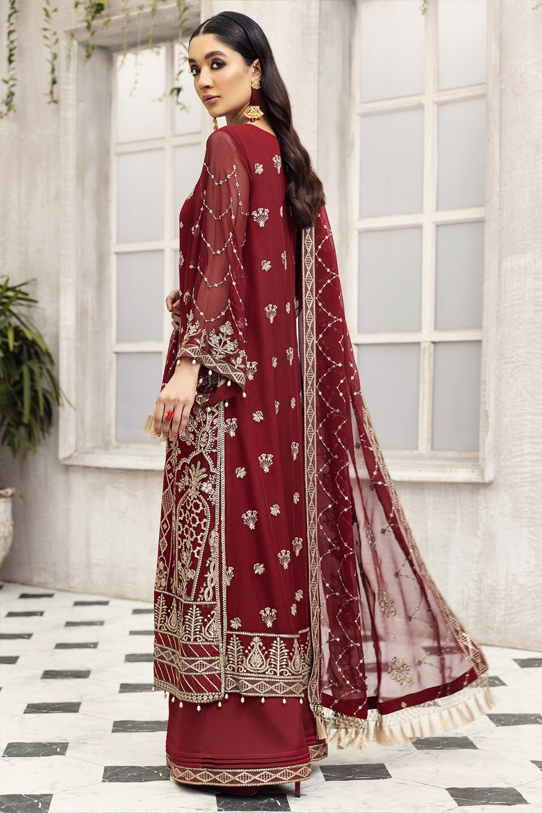 Party Wear Pakistani Maxi Dress in Maroon Shade Latest