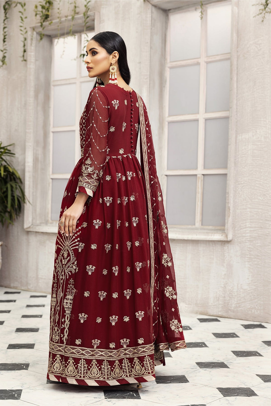 Party Wear Pakistani Maxi Dress in Maroon Shade Online
