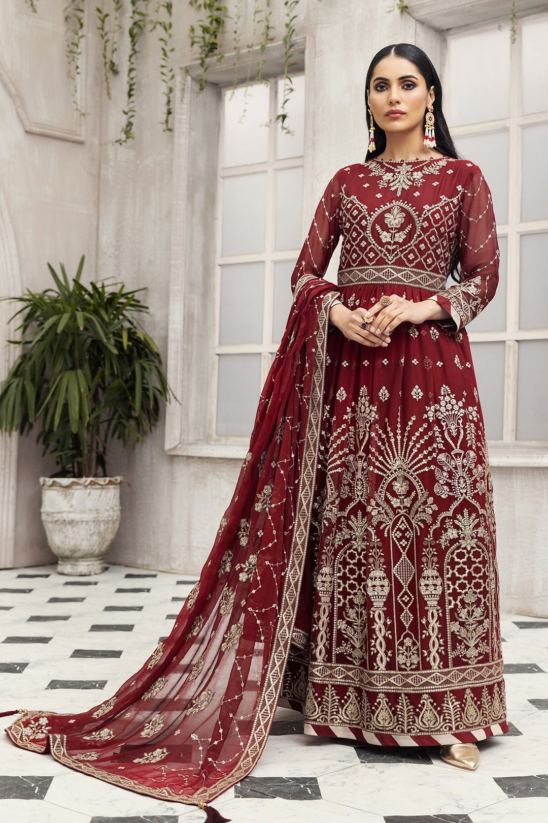 Party Wear Pakistani Maxi Dress in Maroon Shade