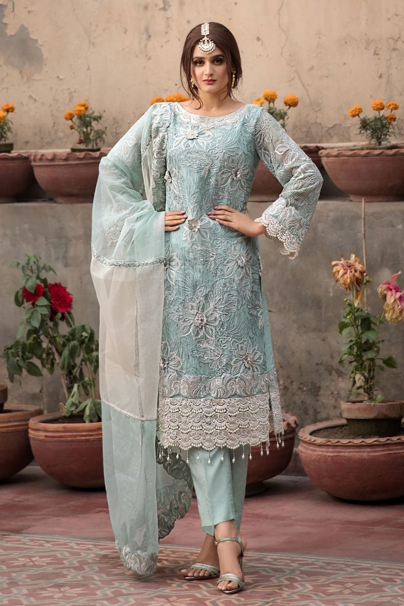 Party Chiffon Wear in Turquoise Color 