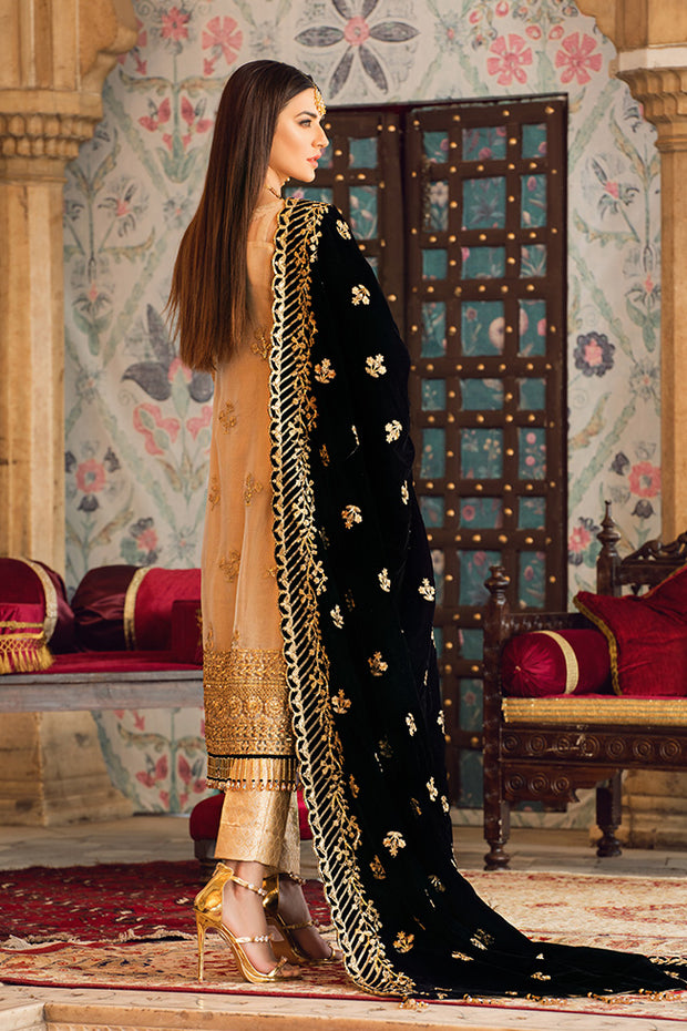 Latest designer embroidered party net outfit in gold color # P2439