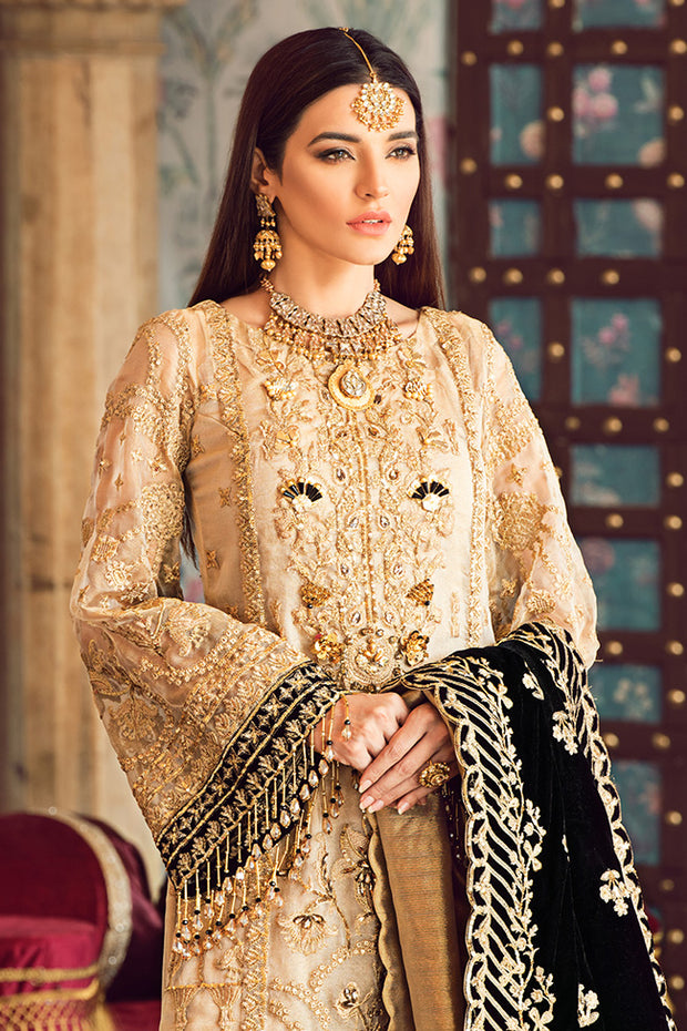 Latest designer embroidered party net outfit in gold color # P2439