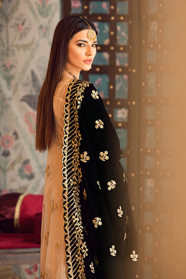 Latest designer embroidered party net outfit in gold color # P2439