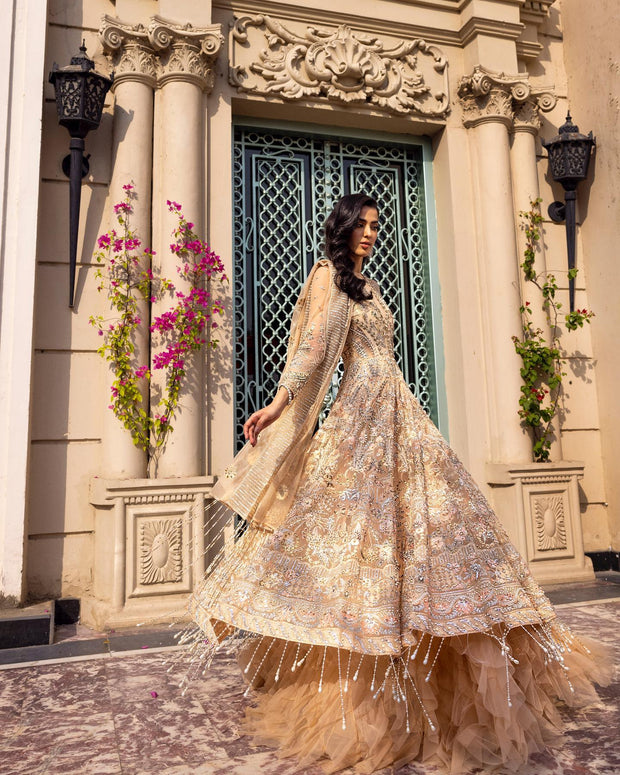 Peach Bridal Dress Pakistani in Gown Lehenga Style for Wedding