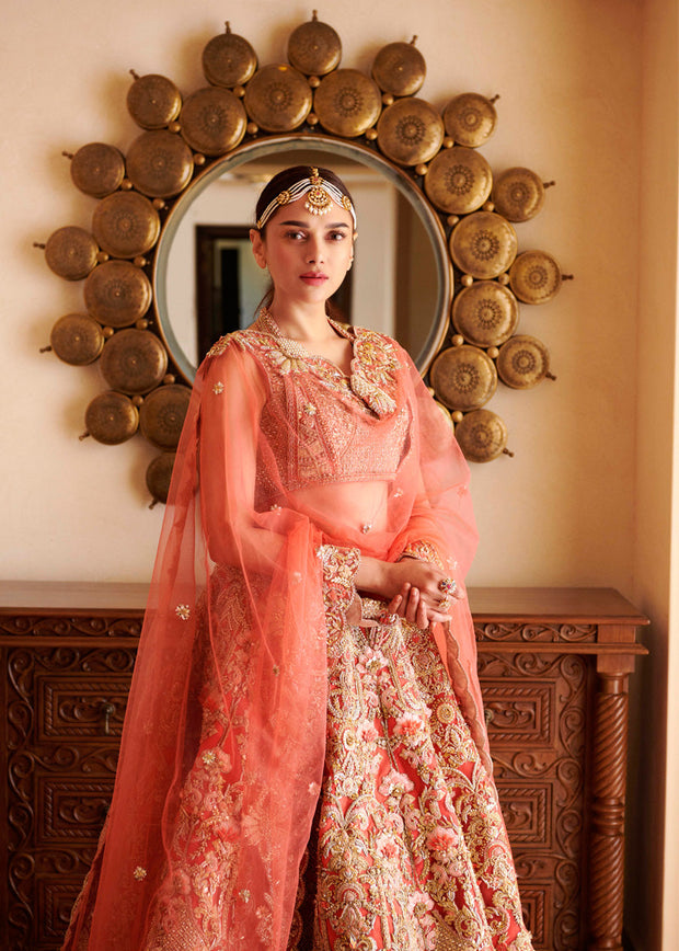 Peach Bridal Lehenga Choli Dupatta Dress in Net Fabric Online