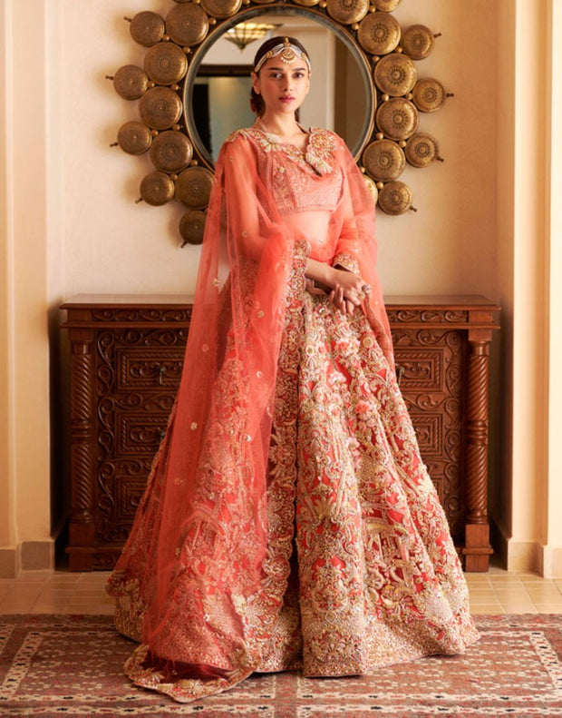 Peach Bridal Lehenga Choli Dupatta Dress in Net Fabric