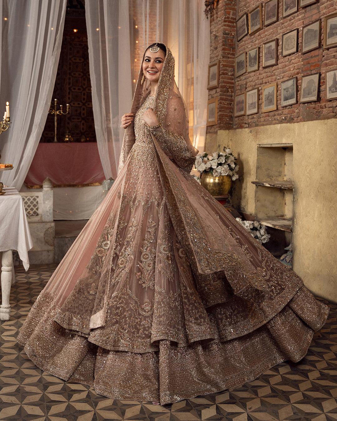 Peach Pink Pishwas Style Pakistani Bridal Dress for Elegant Brides