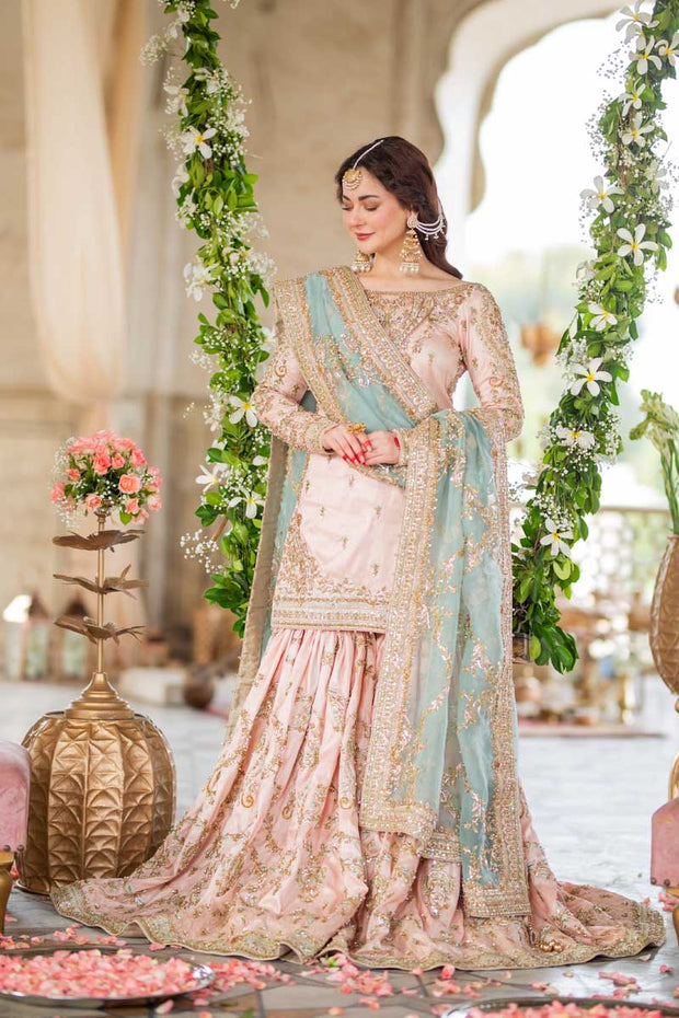 Peach Pink Sharara Shirt Bridal Pakistani Wedding 2023