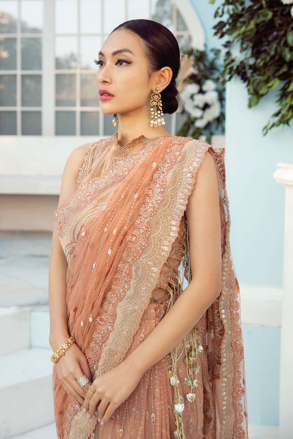 Peach Saree in Net with Elegant Embroidery Work Online