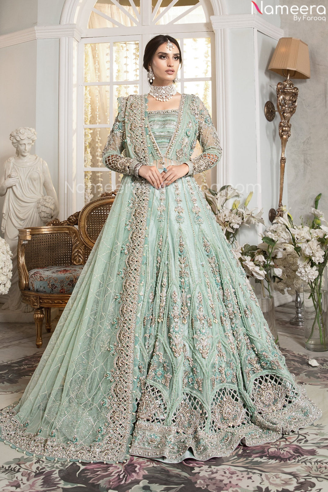 Premium Designer Peach and Sea Green Lehenga Online 2021 – Nameera