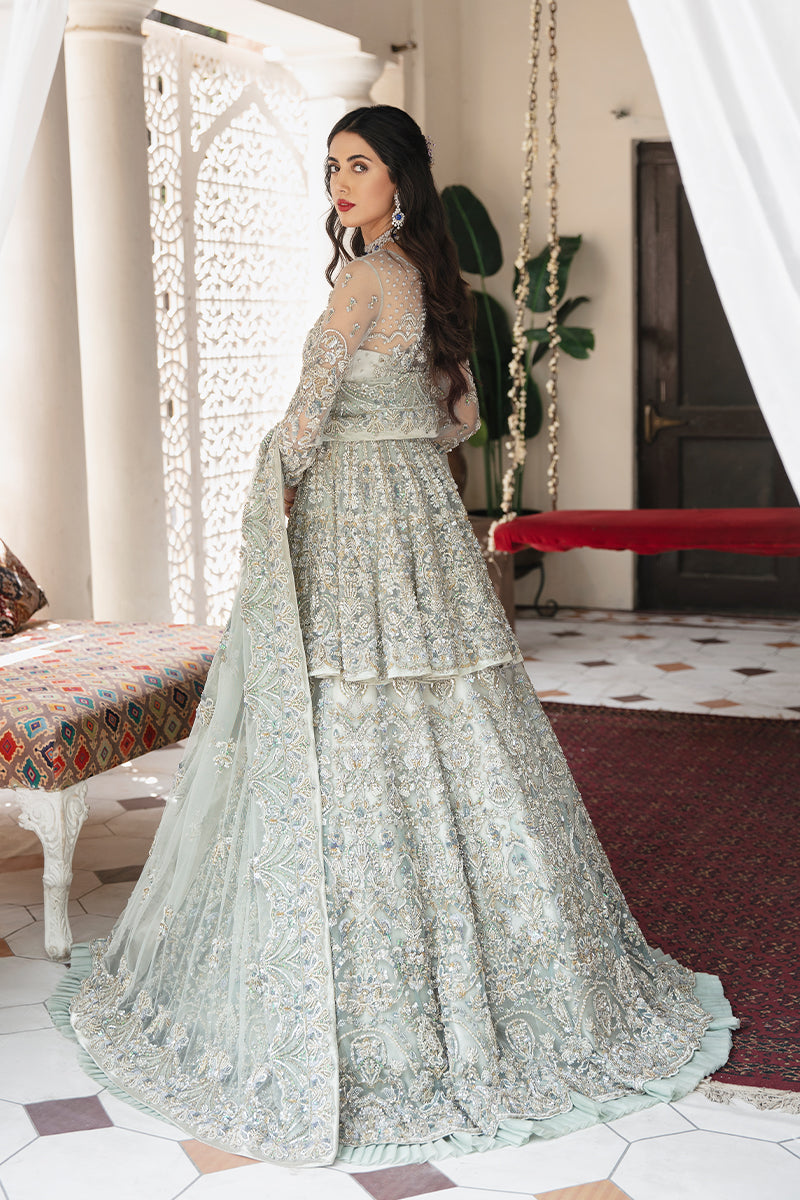 Elegant Silver-Green Peplum Bridal Lehenga | Pakistani Bridal Dresses