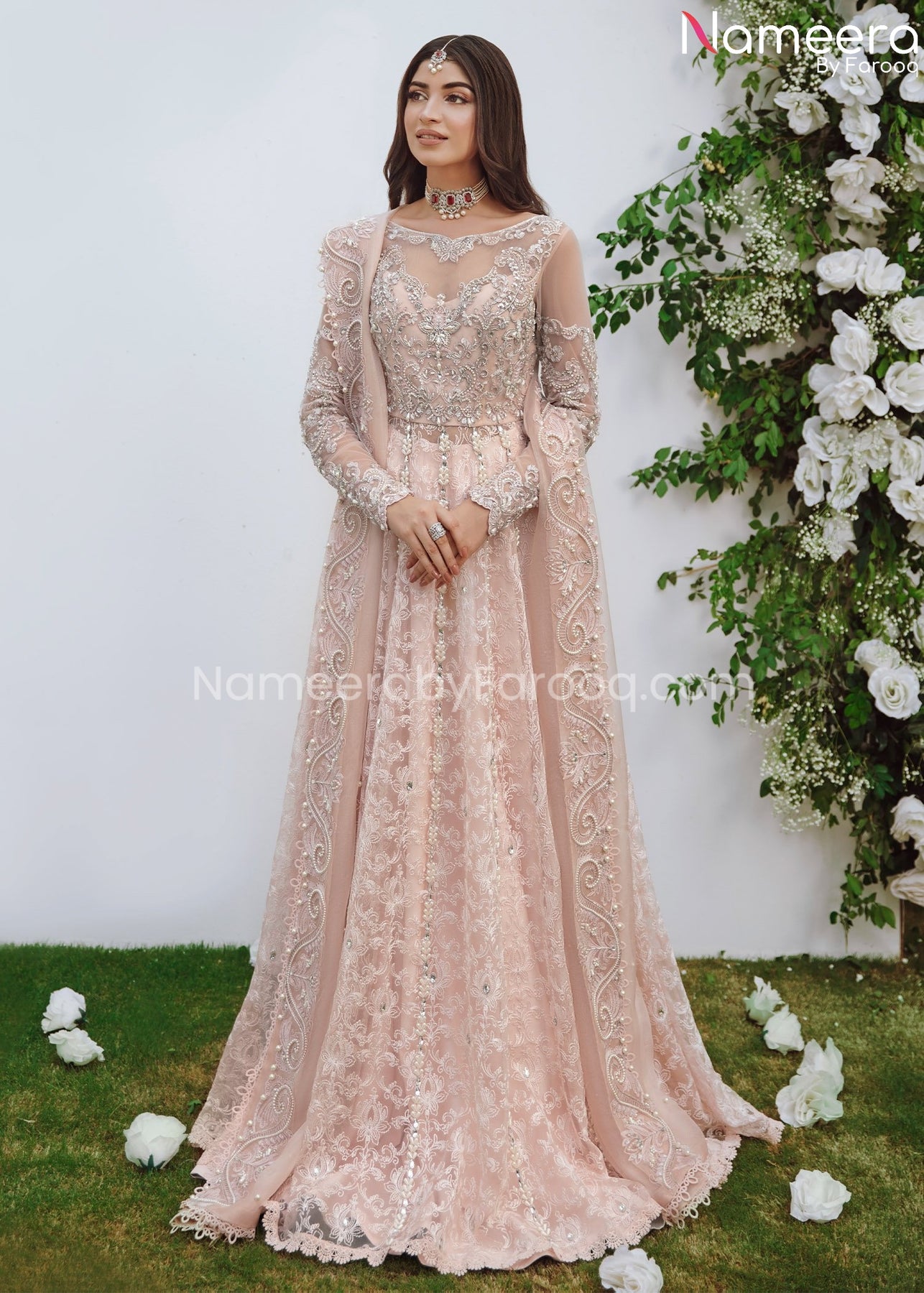Pishwas with Lehenga Pink Bridal Dress Pakistani Online – Nameera by Farooq