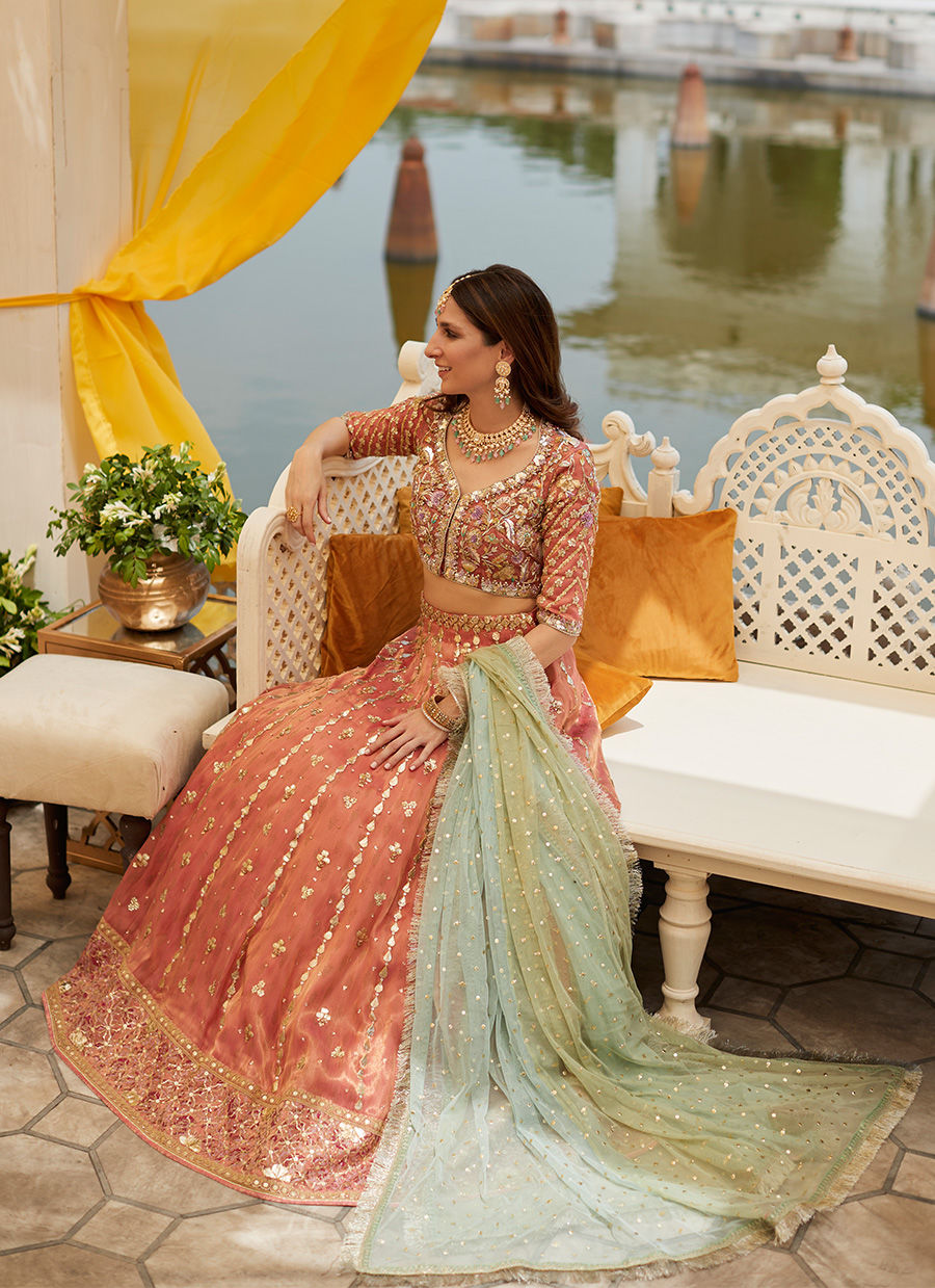 Pink Golden Lehenga Choli Pakistani Mehndi Dress 2022
