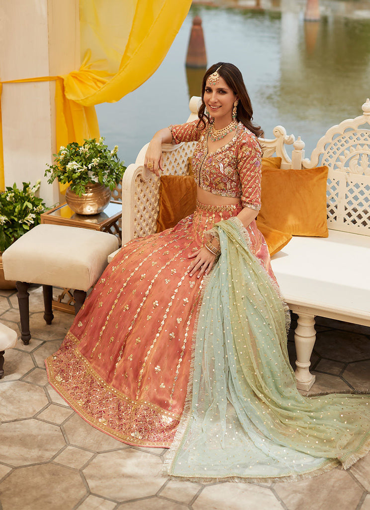 Pink Golden Lehenga Choli Pakistani Mehndi Dresses Nameera by Farooq