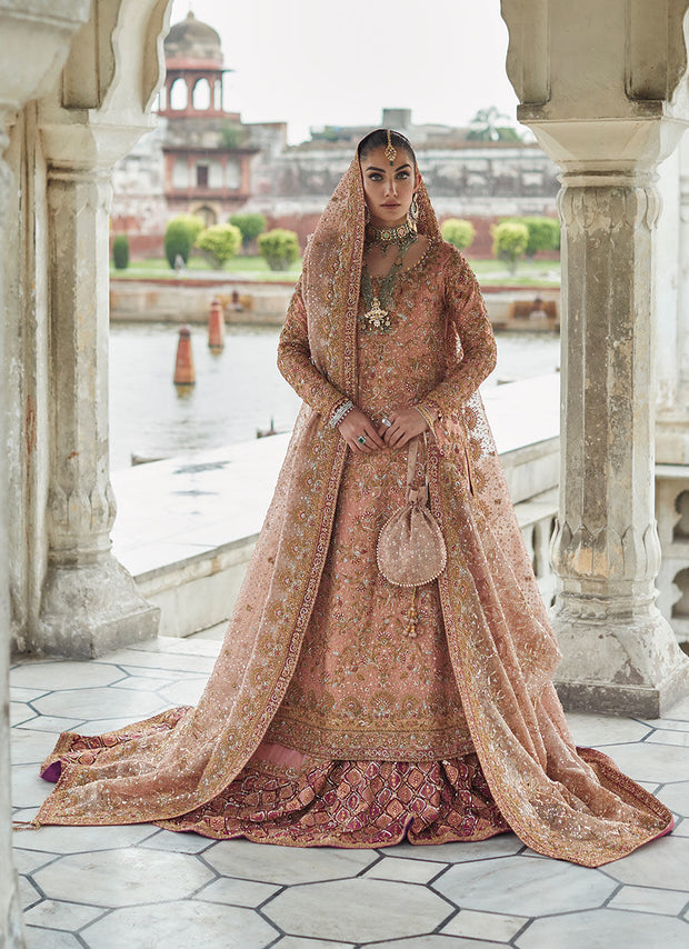 Pink Golden Lehenga with Pink Dupatta for Pakistani Bridal