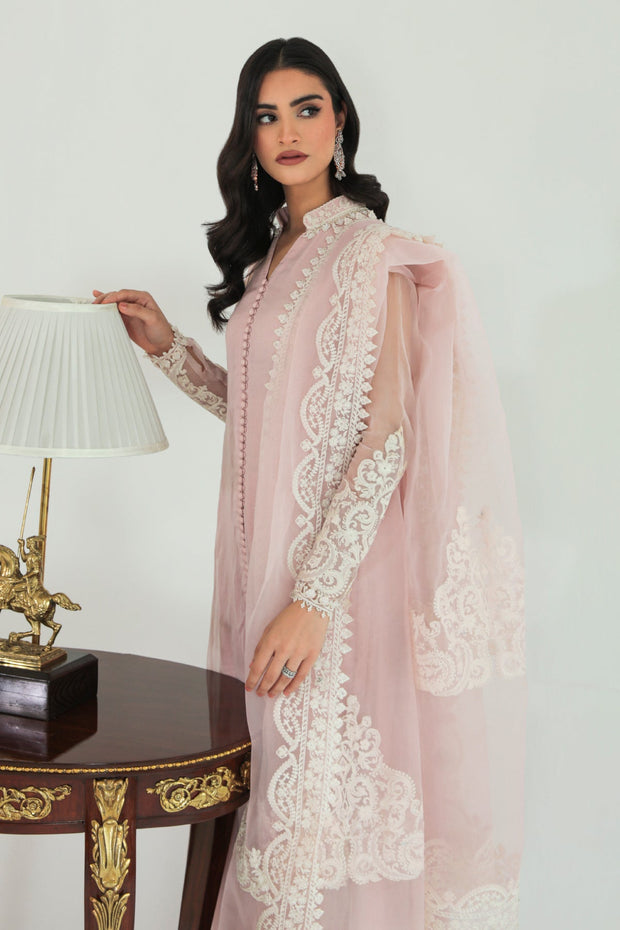 Pink Pakistani Long Frock with Embroidered Dupatta