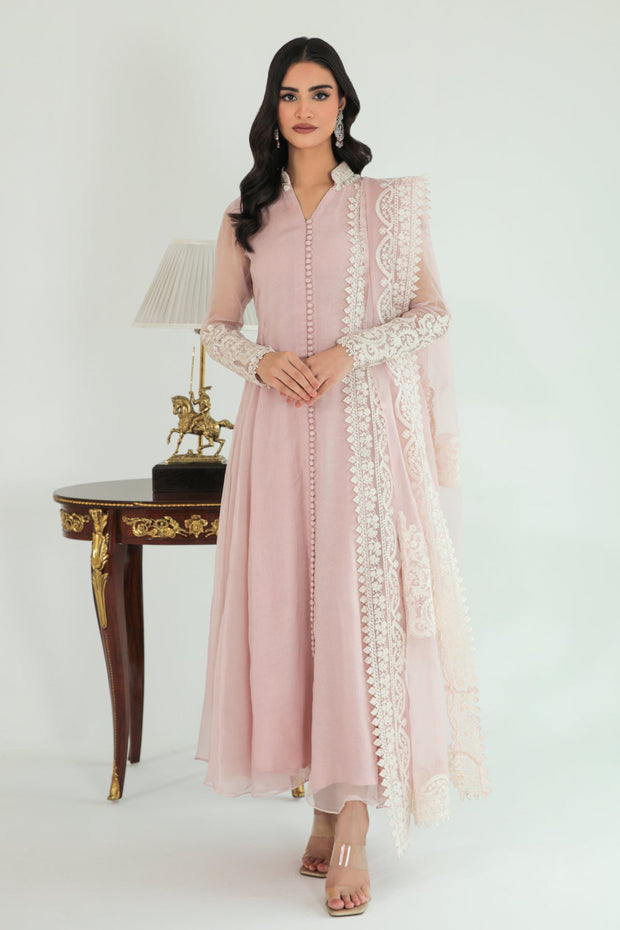 Pink Pakistani Long Frock With embroidered Dupatta