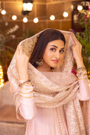 Embroidered Pink Silk Long Frock Dupatta Pakistani Party Dresses 2022