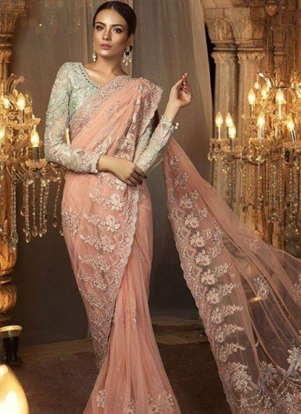 Pink & Silver  Net Sari by Maria B   Model # C 1628