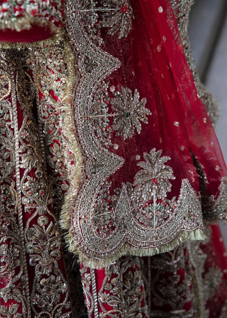 Pishwas Frock Dupatta and Silk Lehenga Red Bridal Dress – Nameera by Farooq