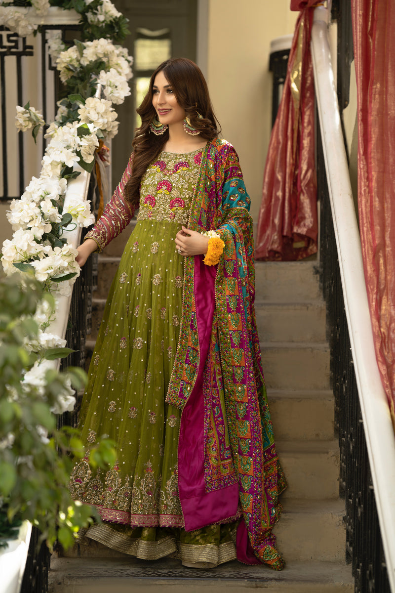 Lime Green Pishwas Frock & Bridal Lehenga - Pakistani Elegance