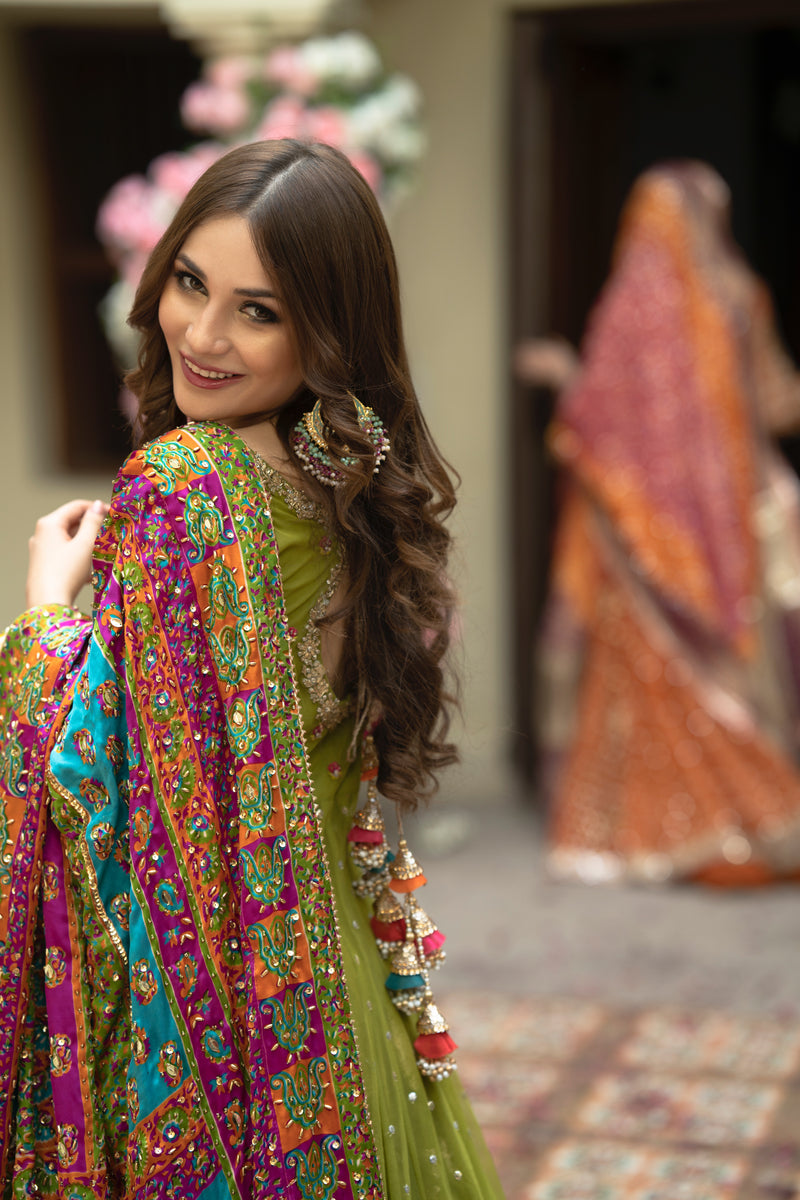 Lime Green Pishwas Frock & Bridal Lehenga - Pakistani Elegance