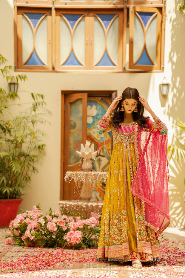 Pishwas Frock Lehenga Yellow Pakistani Bridal Dress for Mehndi
