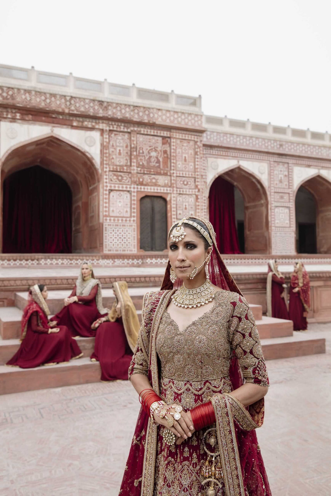 Pishwas Frock with Lehenga and Dupatta Red Bridal Dress Online