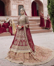 Pishwas Frock with Lehenga and Dupatta Red Bridal Dress