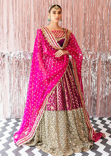 Elegant Plum Pakistani Bridal Lehenga Choli with Dupatta