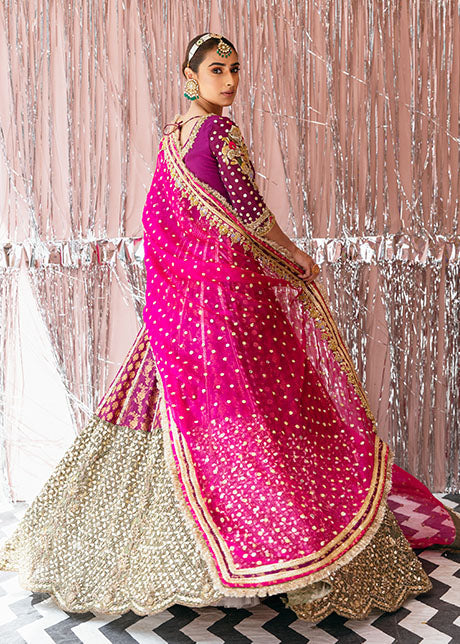 Elegant Plum Pakistani Bridal Lehenga Choli with Dupatta